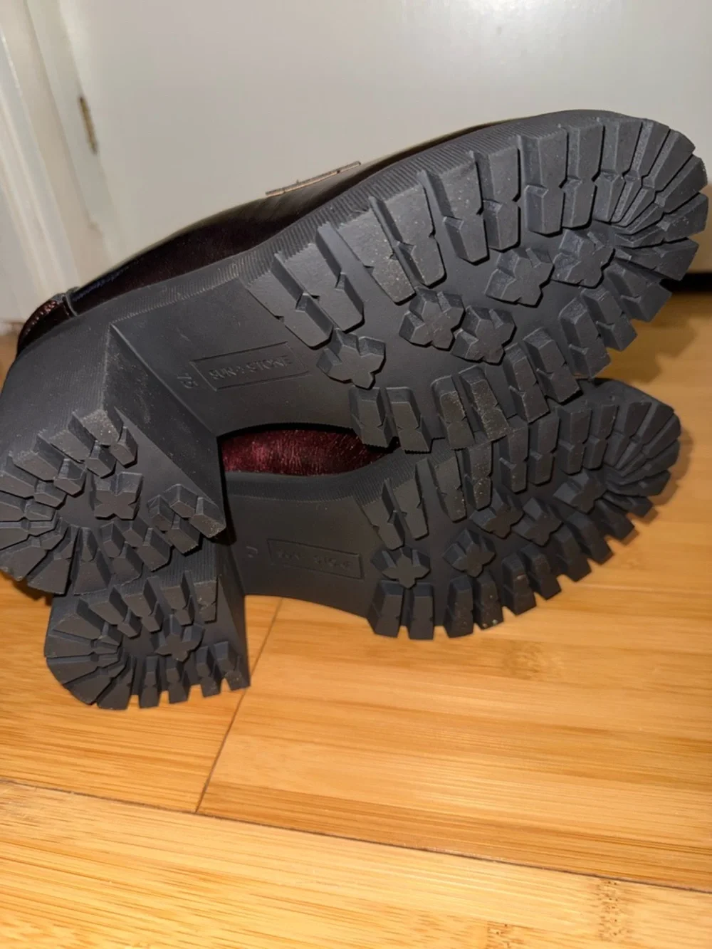 Sun + Stone Chunky Heel Penny Loafer - Burgundy Patent - Picture 4 of 5